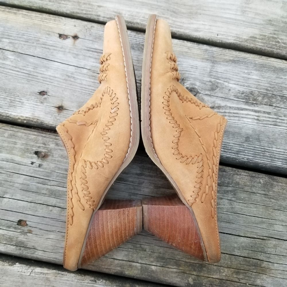 Vintage 90s y2k Camel Tan Suede Boho Western Cowgirl Whipstitch Heeled Mules 6.5 - Picture 6 of 10